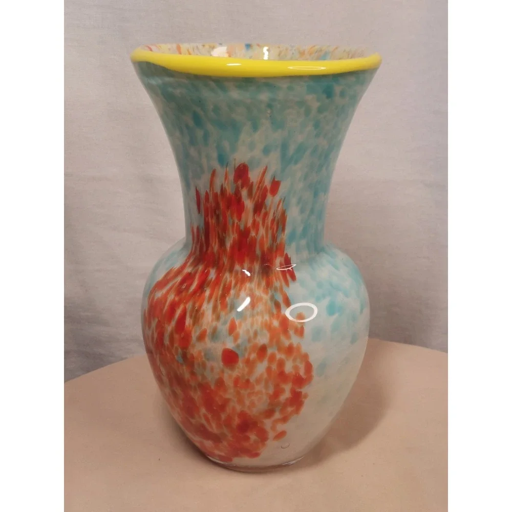 Hand Blown Studio Art Glass Vase Confetti Interior Turquoise Yellow Rim Modern